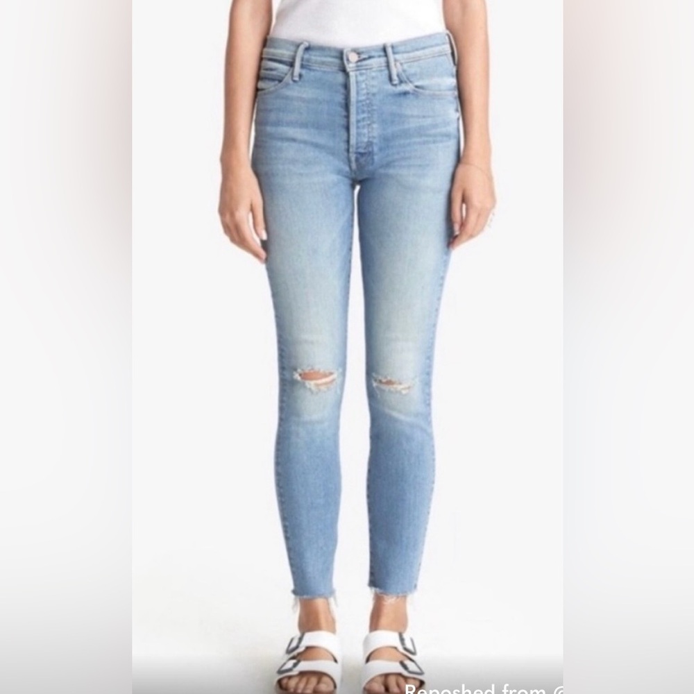 MOTHER denim the stunner ankle fray, Light Blue Distressed Skinny Jeans